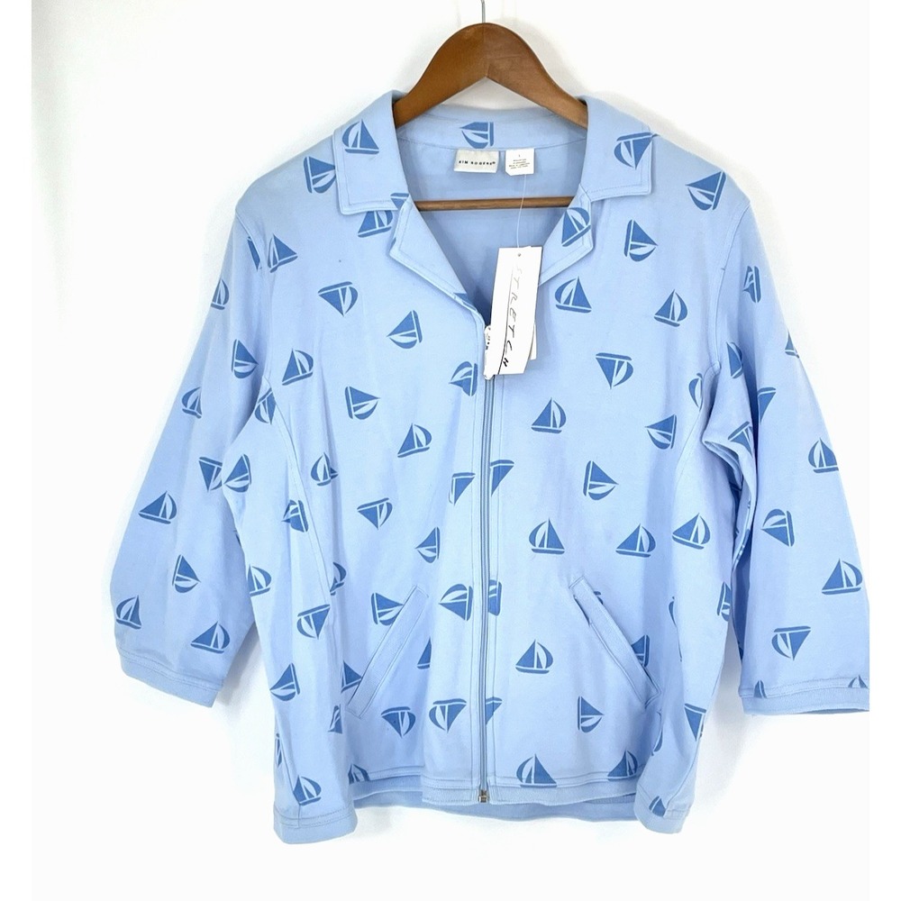 NWT Kim Rogers Womens Large Full Zip Blue Sailboats Front Pockets